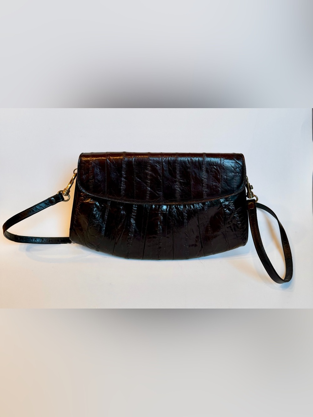 Vintage Genuine Eel Skin Burgundy Brown Crossbody Clutch Purse Made Korea